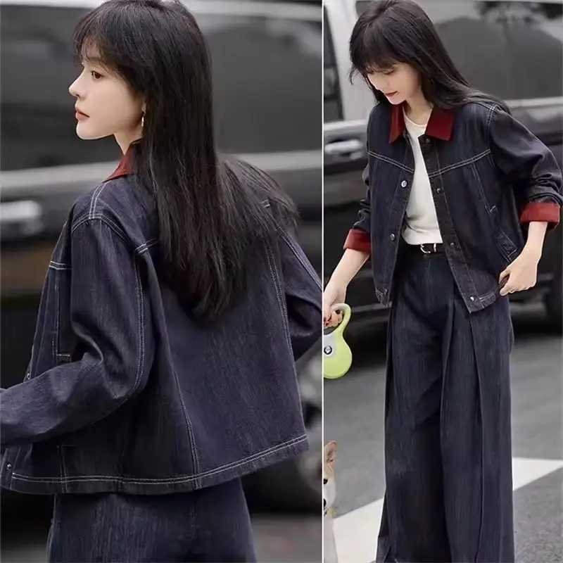 Fashion Spring Autumn New Loose Korean Slim Denim Coat Women Retro Long Sleeves Short Splicing Contrast Color Jean Jacket Female