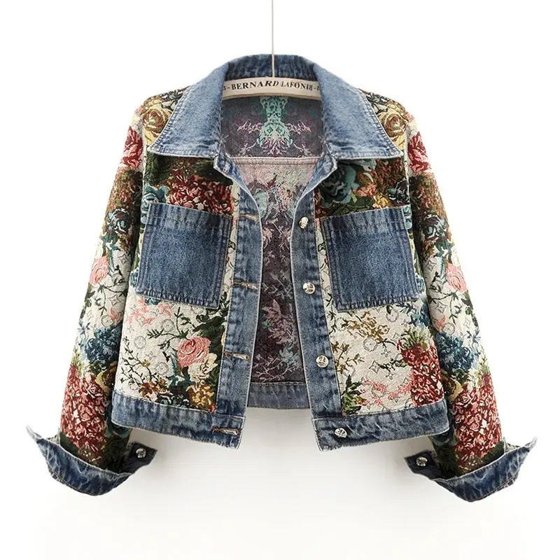 2025 Spring Autumn New Print Denim Jacket Women Long Sleeve Temperament Lapel Splicing Denim Coat Female Ladies Cowboy Outwear