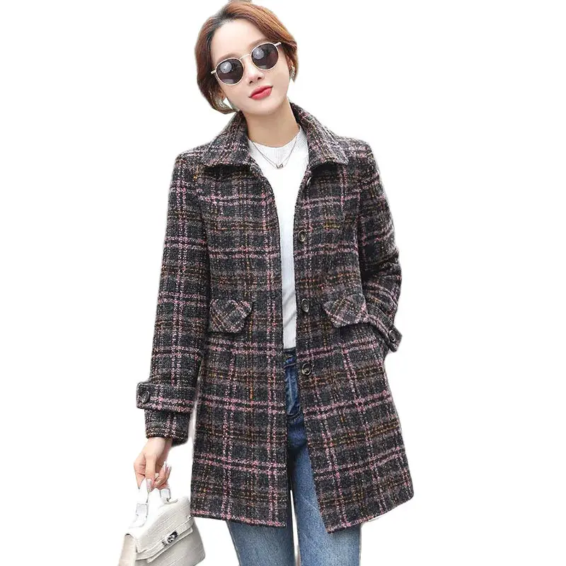 Lattice Woolen Coat Women's 2025 New Autumn Winter Fashion Mid-Length Lapel Single-Breasted Woolen Coat Ladies Woolen Outerwear