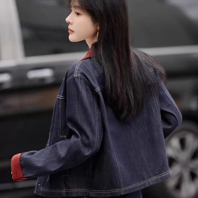 Fashion Spring Autumn New Loose Korean Slim Denim Coat Women Retro Long Sleeves Short Splicing Contrast Color Jean Jacket Female