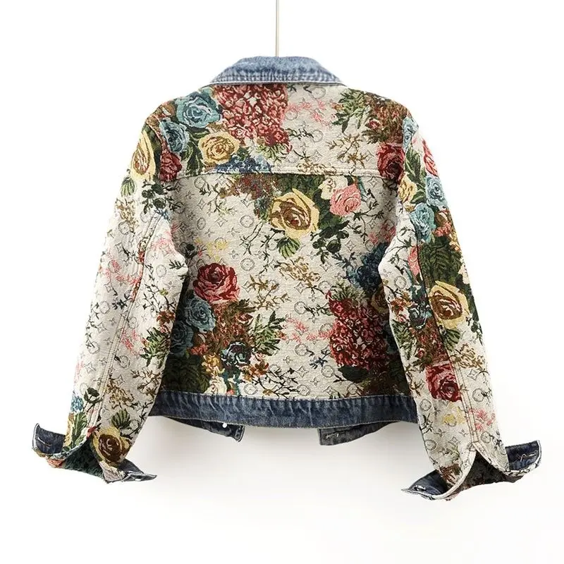 2025 Spring Autumn New Print Denim Jacket Women Long Sleeve Temperament Lapel Splicing Denim Coat Female Ladies Cowboy Outwear