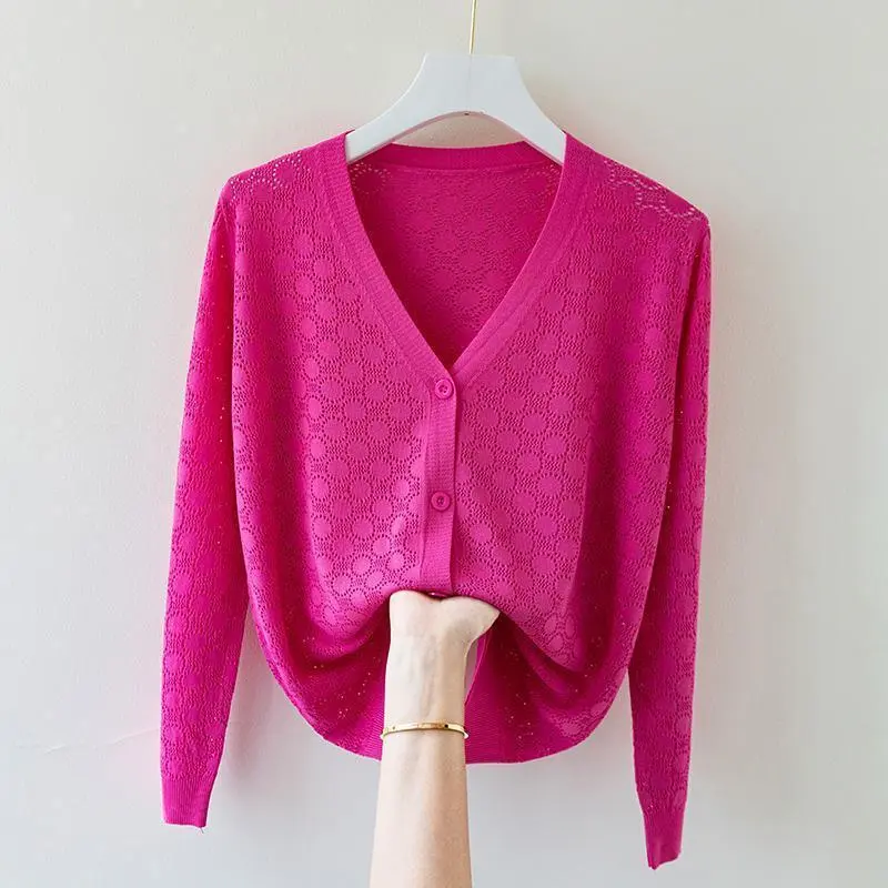 2025 New V-neck Ice Silk Sweater women's Cardigan Hollow Loose Summer Thin Long Sleeve Shawl Coat Female Knitwear Tops