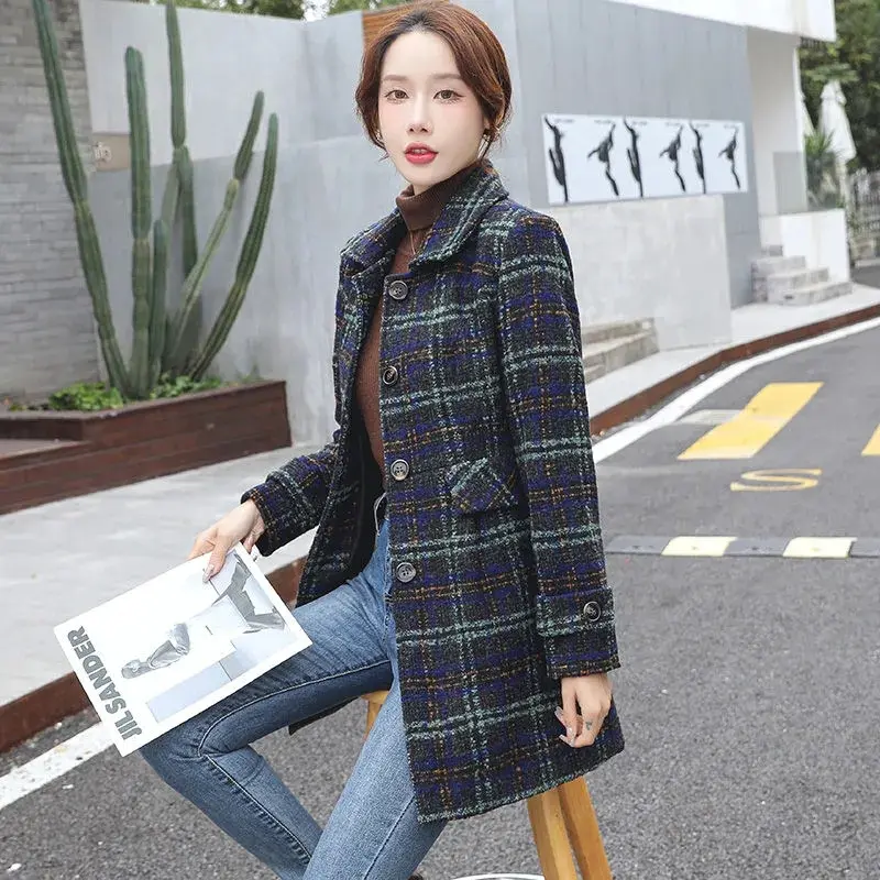 Lattice Woolen Coat Women's 2025 New Autumn Winter Fashion Mid-Length Lapel Single-Breasted Woolen Coat Ladies Woolen Outerwear