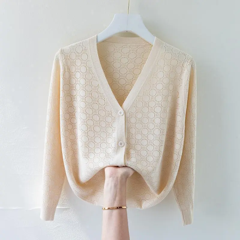 2025 New V-neck Ice Silk Sweater women's Cardigan Hollow Loose Summer Thin Long Sleeve Shawl Coat Female Knitwear Tops