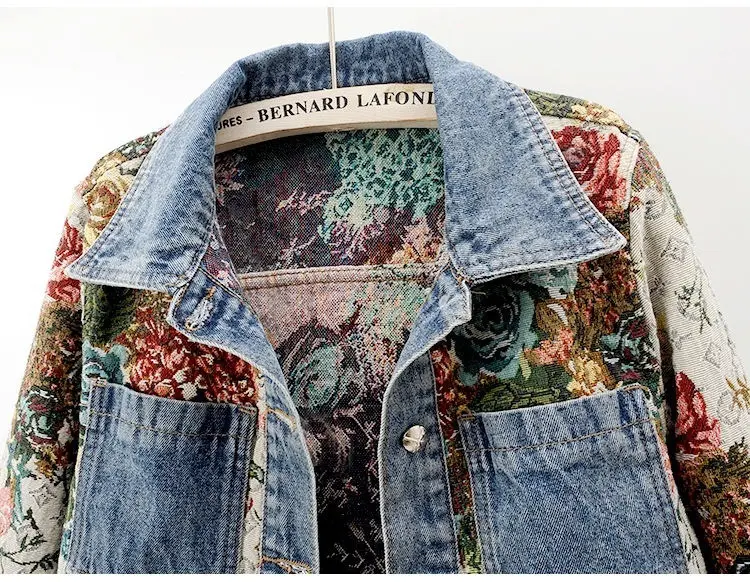 2025 Spring Autumn New Print Denim Jacket Women Long Sleeve Temperament Lapel Splicing Denim Coat Female Ladies Cowboy Outwear