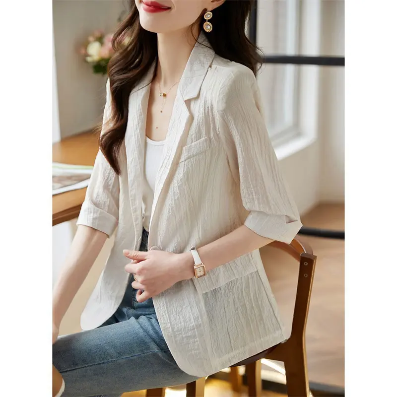 Women's Blazer 2024 Summer New Korean One Button Short Casual Three-Quarter Sleeve Casual Thin Suit Jacket Women Blazers Tops