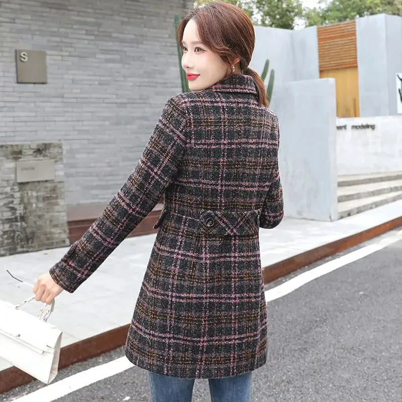 Lattice Woolen Coat Women's 2025 New Autumn Winter Fashion Mid-Length Lapel Single-Breasted Woolen Coat Ladies Woolen Outerwear