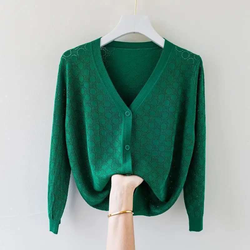 2025 New V-neck Ice Silk Sweater women's Cardigan Hollow Loose Summer Thin Long Sleeve Shawl Coat Female Knitwear Tops