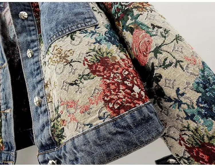 2025 Spring Autumn New Print Denim Jacket Women Long Sleeve Temperament Lapel Splicing Denim Coat Female Ladies Cowboy Outwear