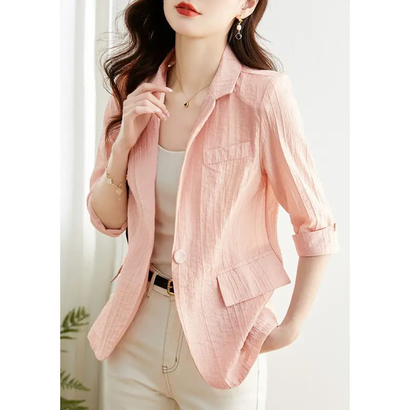 Women's Blazer 2024 Summer New Korean One Button Short Casual Three-Quarter Sleeve Casual Thin Suit Jacket Women Blazers Tops