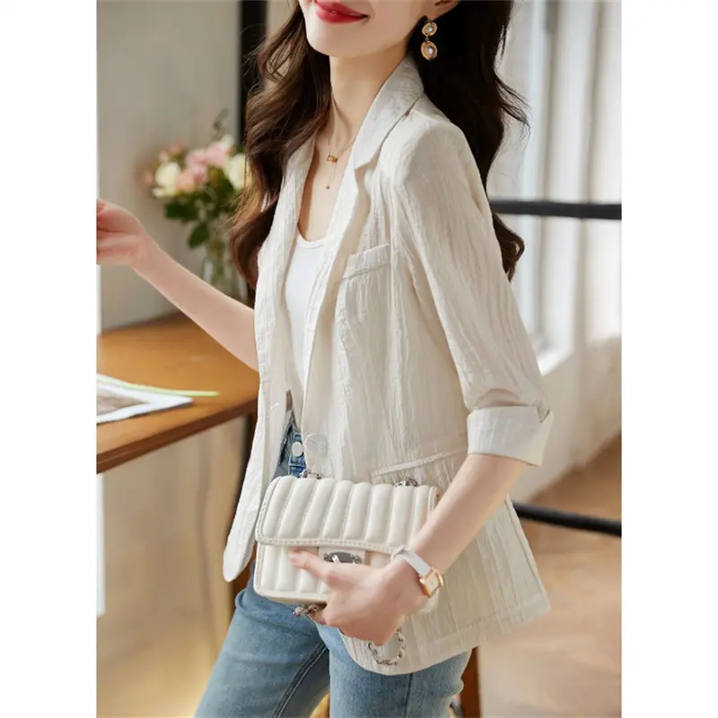 Women's Blazer 2024 Summer New Korean One Button Short Casual Three-Quarter Sleeve Casual Thin Suit Jacket Women Blazers Tops