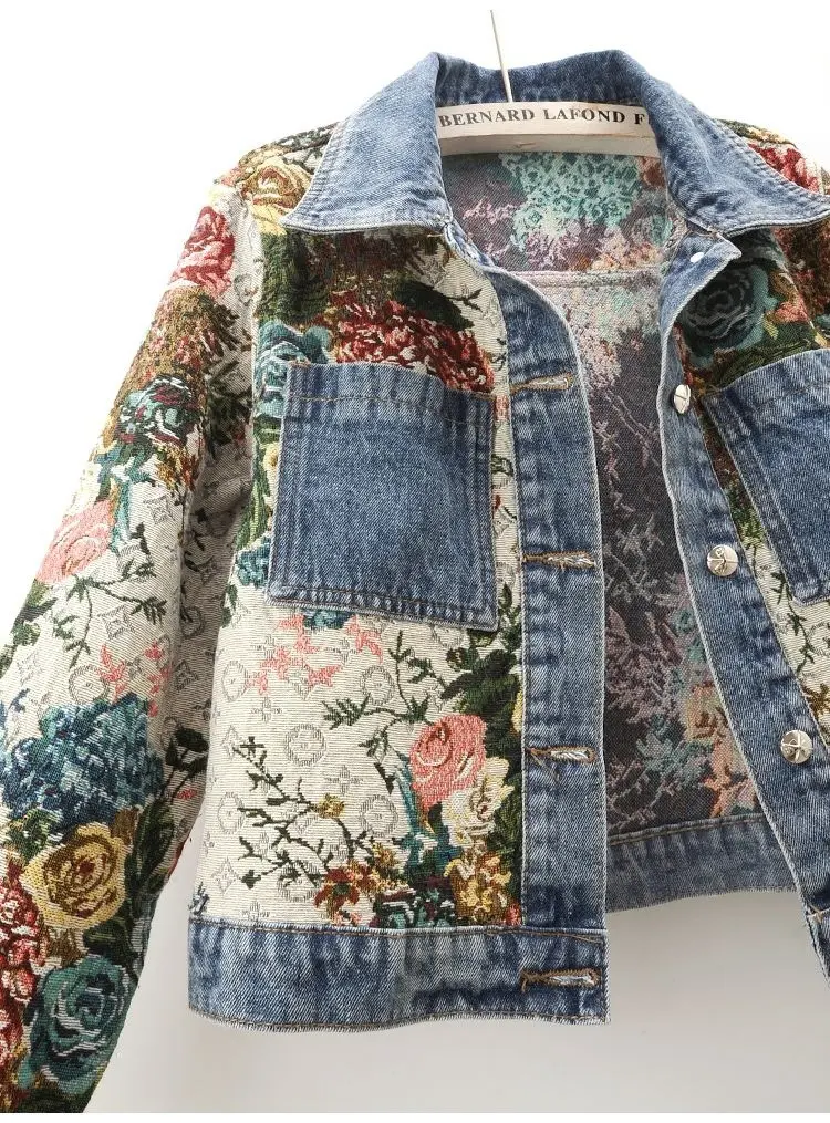 2025 Spring Autumn New Print Denim Jacket Women Long Sleeve Temperament Lapel Splicing Denim Coat Female Ladies Cowboy Outwear