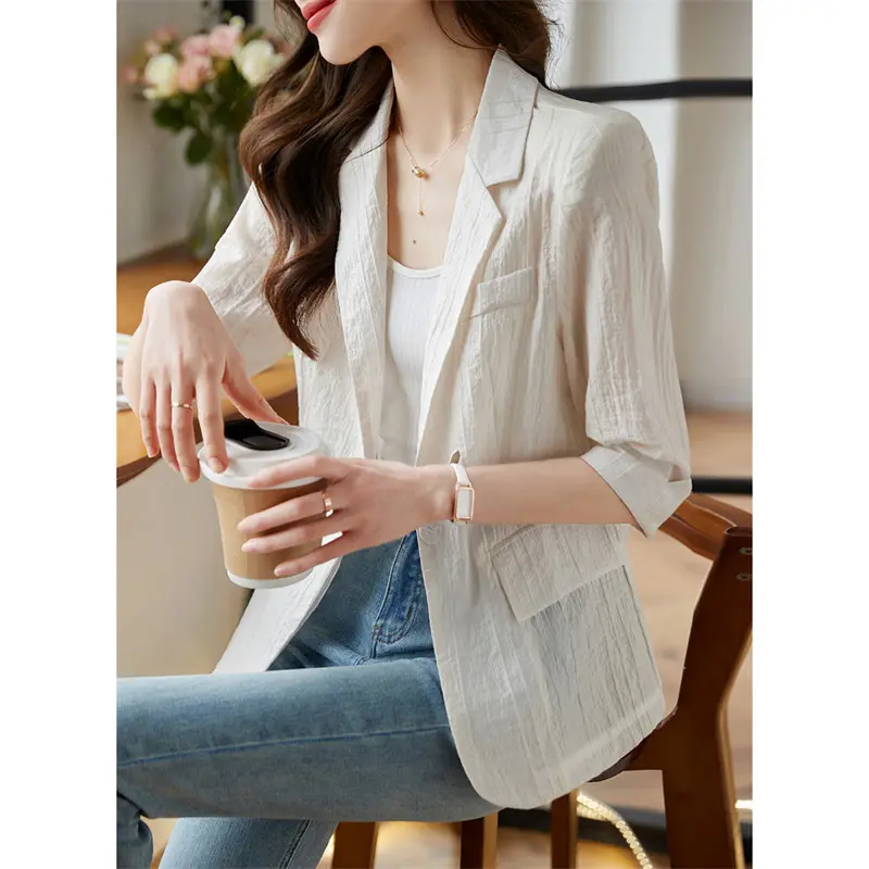 Women's Blazer 2024 Summer New Korean One Button Short Casual Three-Quarter Sleeve Casual Thin Suit Jacket Women Blazers Tops