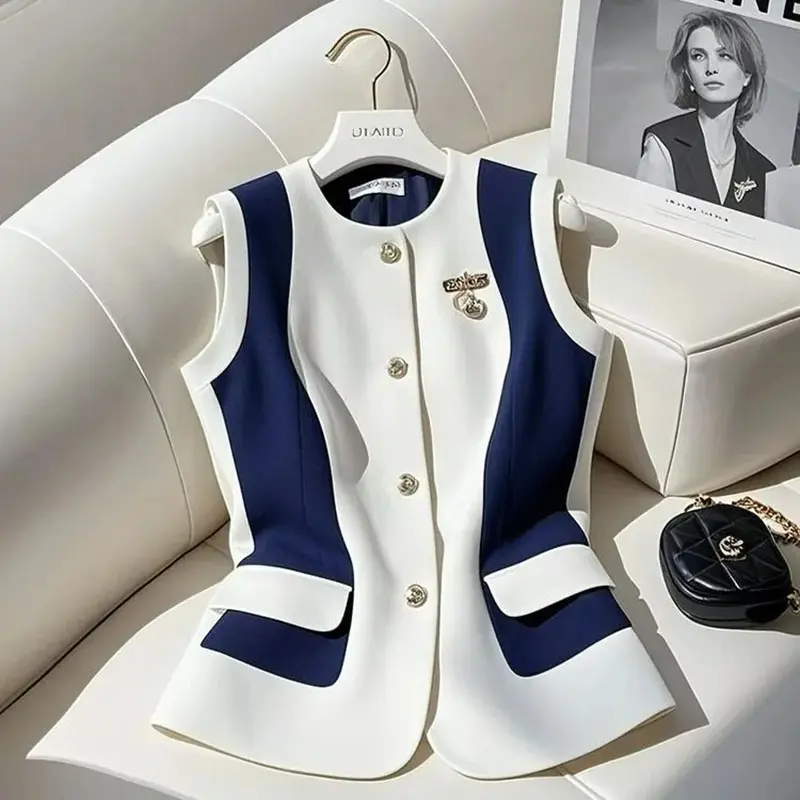 Fashion Korean Contrast Vest Jacket Women 2025 New Female Waistcoat Loose Spring Autumn Sleeveless Vests Coat Ladies Casual Tops