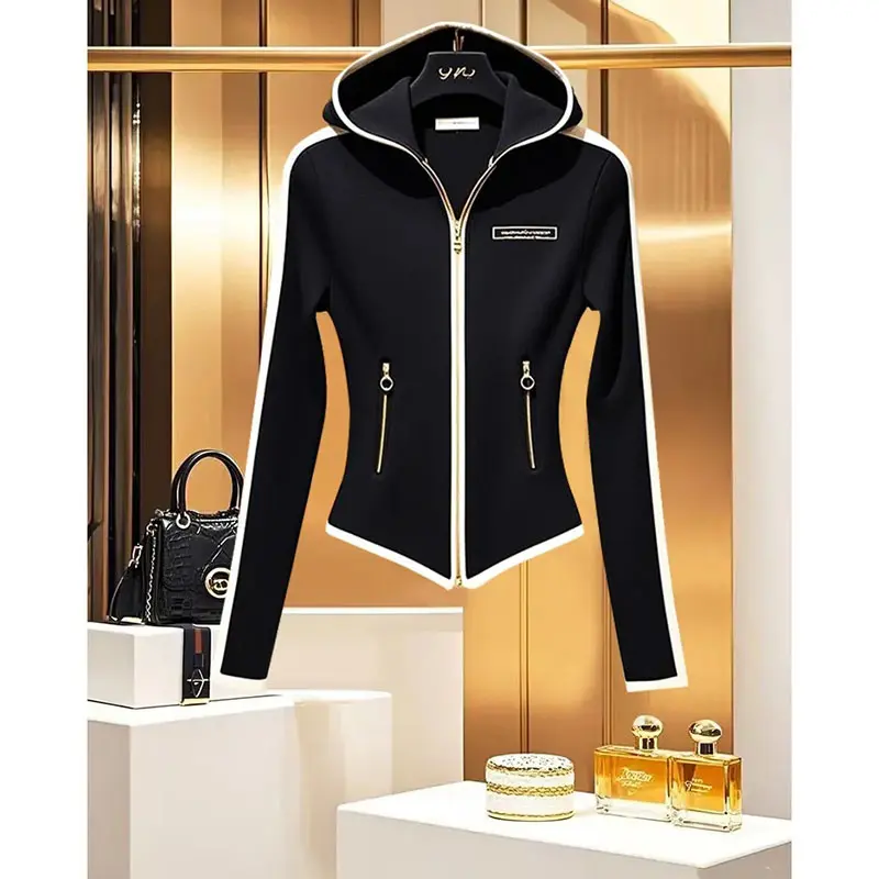 2025 Black New Fashion Autumn Hooded Slim Short Coat Female Chic Stitching Jacket Women High-end All-match Elegant Tops Lady
