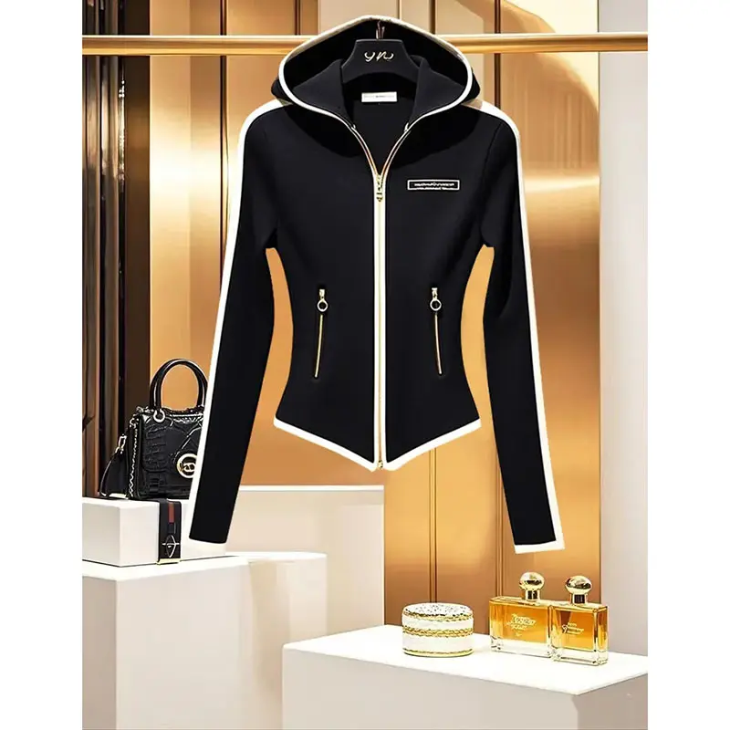 2025 Black New Fashion Autumn Hooded Slim Short Coat Female Chic Stitching Jacket Women High-end All-match Elegant Tops Lady