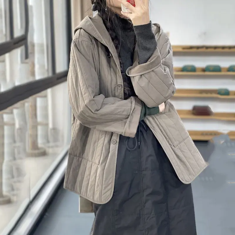 Women Jacket 2022New Spring Autumn Parkas Female Thin Cotton Jackets Hooded Casual Warm Parka Mid Long Coat Female Outwear R2358