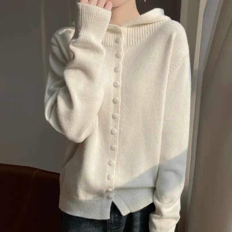 utumn Winter 2025 New Korean Button Hooded Knitting Cardigan Women's Sweater Jacket Loose High Quality Sweater Coat Ladies Tops