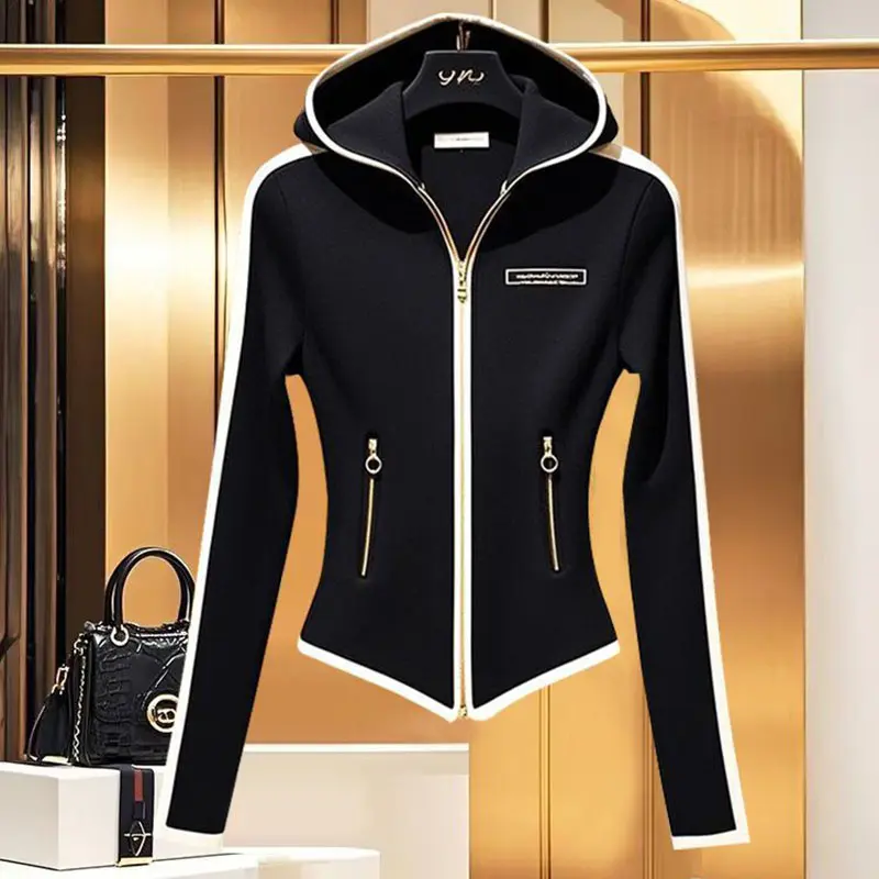 2025 Black New Fashion Autumn Hooded Slim Short Coat Female Chic Stitching Jacket Women High-end All-match Elegant Tops Lady