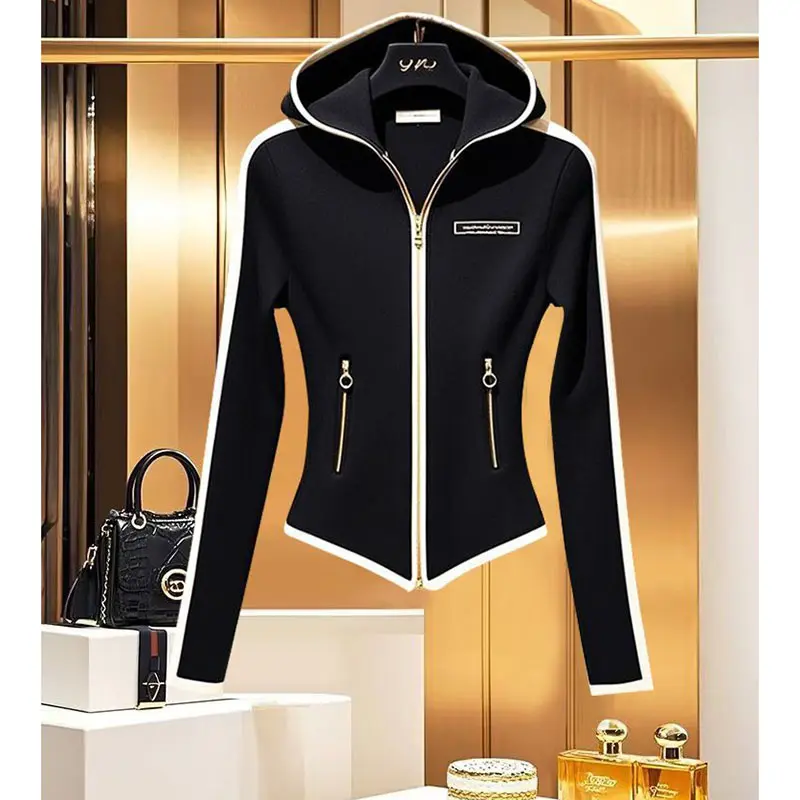 2025 Black New Fashion Autumn Hooded Slim Short Coat Female Chic Stitching Jacket Women High-end All-match Elegant Tops Lady