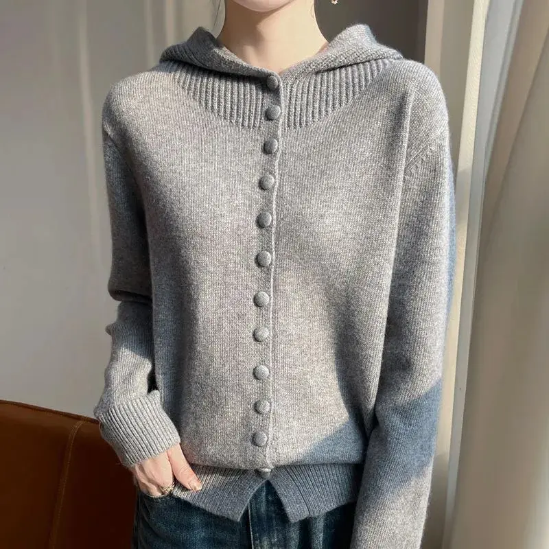 utumn Winter 2025 New Korean Button Hooded Knitting Cardigan Women's Sweater Jacket Loose High Quality Sweater Coat Ladies Tops