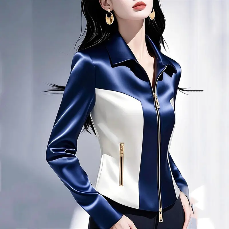 Contrast Satin Jacket Women 2025 Early Spring Autumn New High Quality Western-Style Zipper Waist Coat Female Casual Ladies Tops