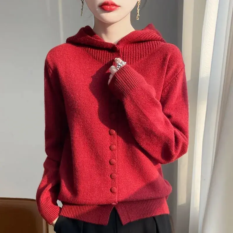 utumn Winter 2025 New Korean Button Hooded Knitting Cardigan Women's Sweater Jacket Loose High Quality Sweater Coat Ladies Tops