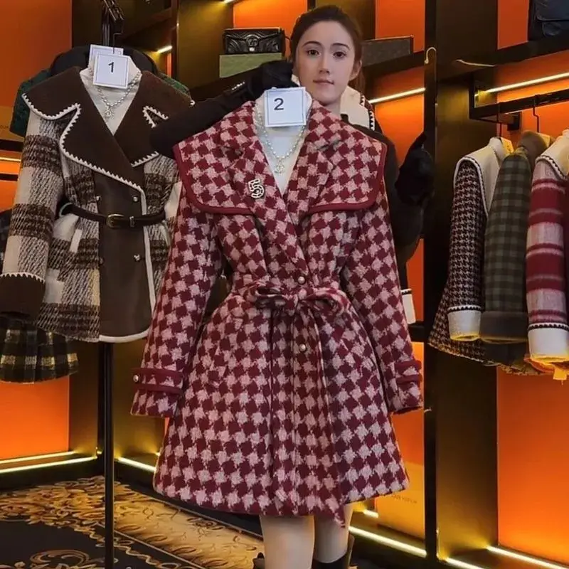 Red Korean Winter Retro Plaid Suit Woolen Coat Ladies 2024 Autumn Winter New Temperament Thicken Warm Woolen Jacket Women's Tops