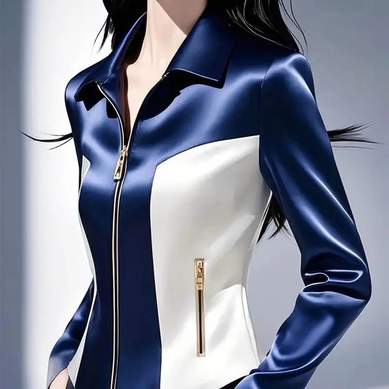 Contrast Satin Jacket Women 2025 Early Spring Autumn New High Quality Western-Style Zipper Waist Coat Female Casual Ladies Tops