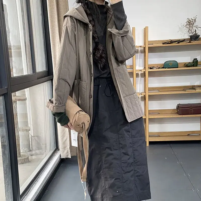 Women Jacket 2022New Spring Autumn Parkas Female Thin Cotton Jackets Hooded Casual Warm Parka Mid Long Coat Female Outwear R2358