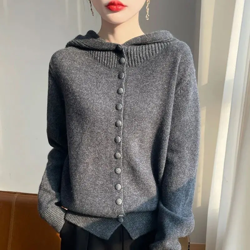 utumn Winter 2025 New Korean Button Hooded Knitting Cardigan Women's Sweater Jacket Loose High Quality Sweater Coat Ladies Tops