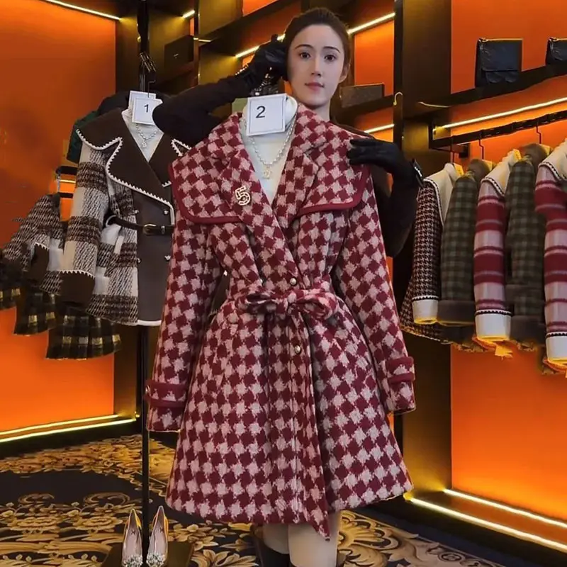 Red Korean Winter Retro Plaid Suit Woolen Coat Ladies 2024 Autumn Winter New Temperament Thicken Warm Woolen Jacket Women's Tops