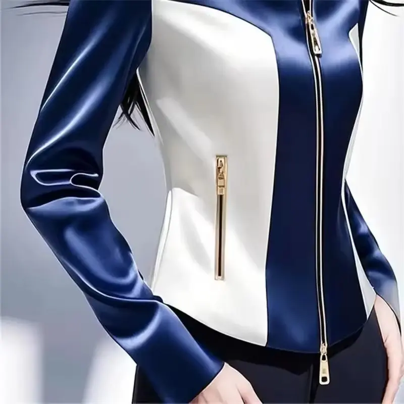 Contrast Satin Jacket Women 2025 Early Spring Autumn New High Quality Western-Style Zipper Waist Coat Female Casual Ladies Tops