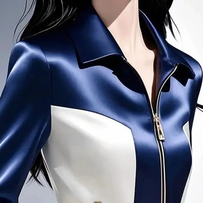 Contrast Satin Jacket Women 2025 Early Spring Autumn New High Quality Western-Style Zipper Waist Coat Female Casual Ladies Tops