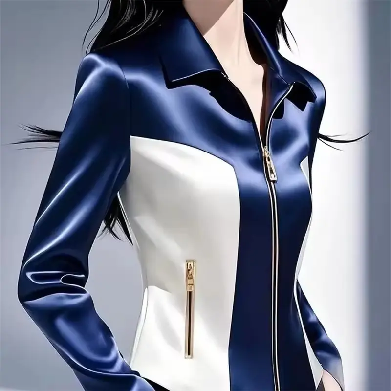 Contrast Satin Jacket Women 2025 Early Spring Autumn New High Quality Western-Style Zipper Waist Coat Female Casual Ladies Tops