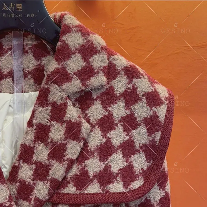 Red Korean Winter Retro Plaid Suit Woolen Coat Ladies 2024 Autumn Winter New Temperament Thicken Warm Woolen Jacket Women's Tops