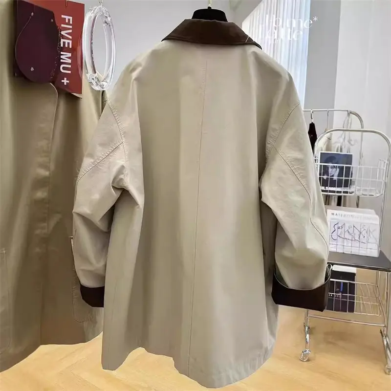 Autumn Trench Coat Women 2024 New Korean Chic Contrast Mid Long Single-breasted Coat Overcoat Windbreaker Female Outerwear