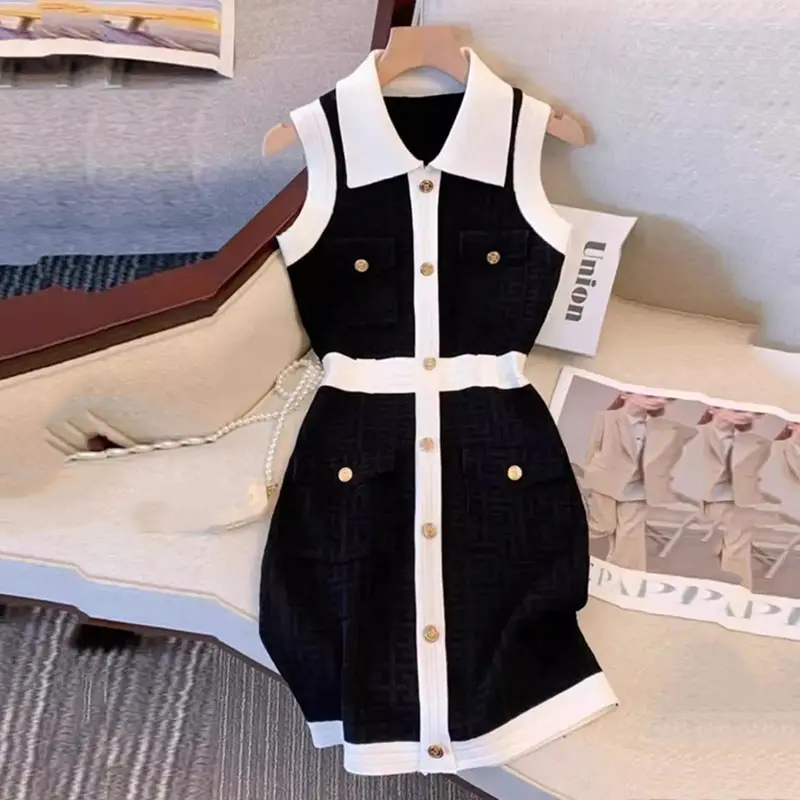 Ladies Lapel Sleeveless Knitted Dress Female 2025 Summer New Temperament Over Knee Tight and Slim A-bag Hip Skirt Women