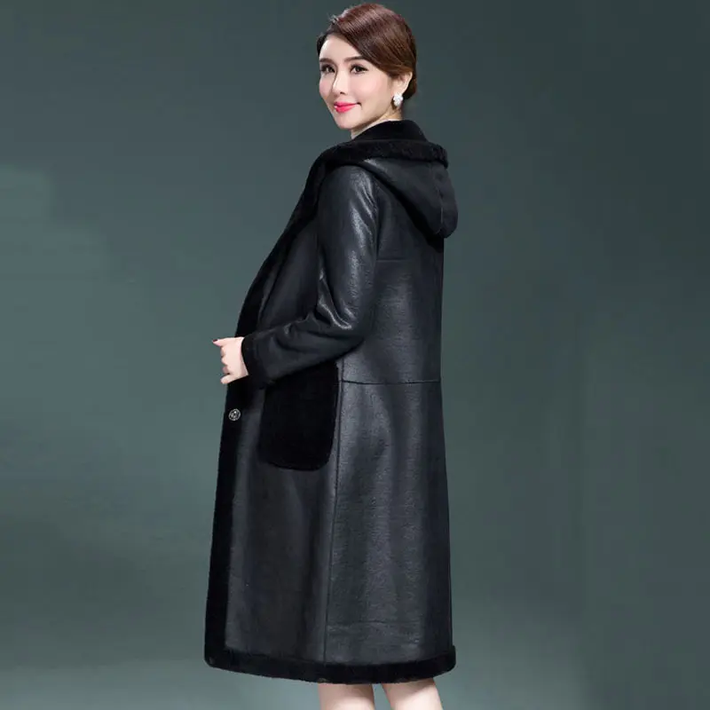 2025 New Fashion Pu Leather Jacket Women Winter Sheep Shear Leather Fur Together Hooded Coat Wear Both Sides Sheepskin Coats