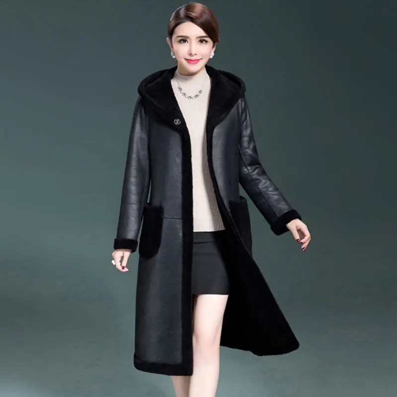2025 New Fashion Pu Leather Jacket Women Winter Sheep Shear Leather Fur Together Hooded Coat Wear Both Sides Sheepskin Coats