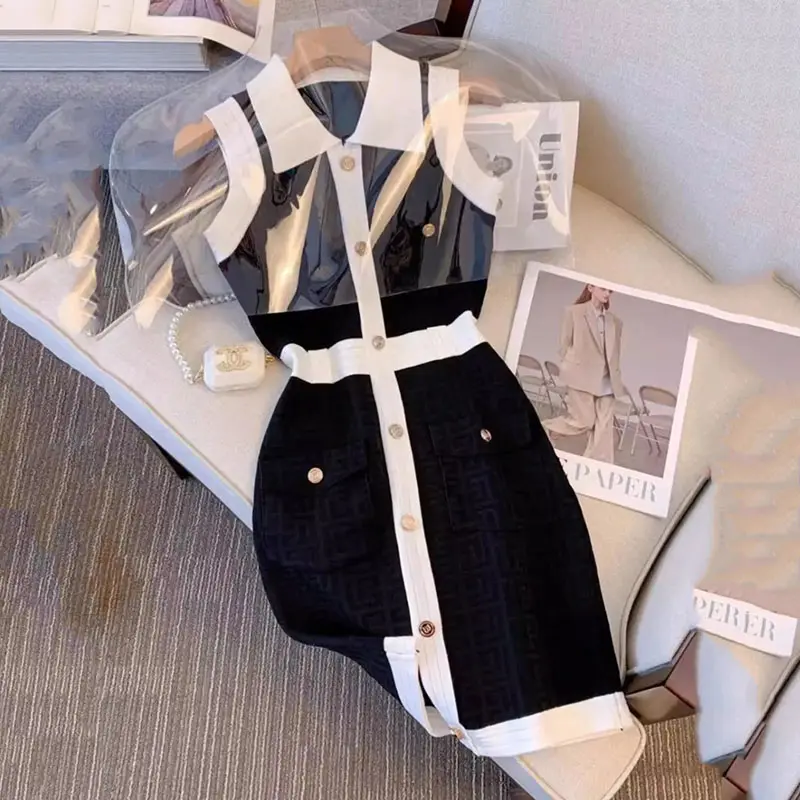 Ladies Lapel Sleeveless Knitted Dress Female 2025 Summer New Temperament Over Knee Tight and Slim A-bag Hip Skirt Women