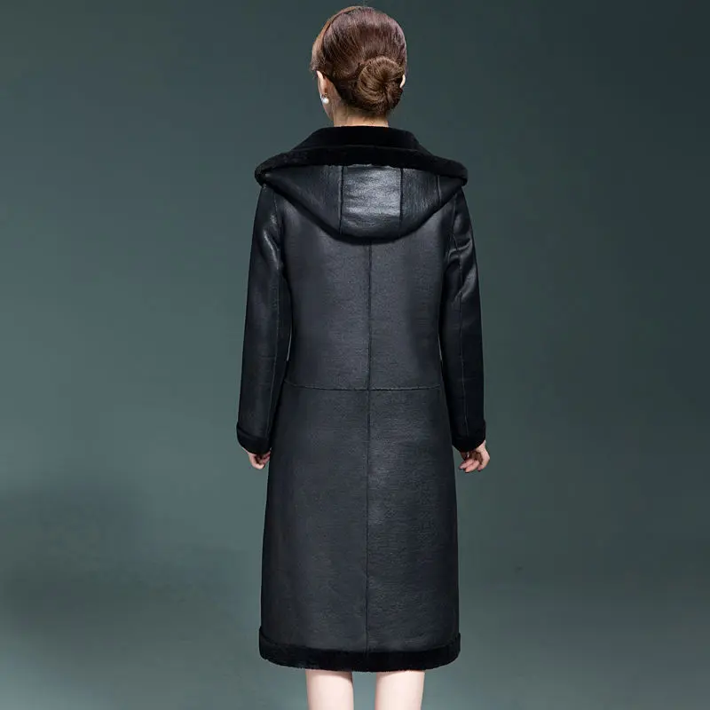 2025 New Fashion Pu Leather Jacket Women Winter Sheep Shear Leather Fur Together Hooded Coat Wear Both Sides Sheepskin Coats