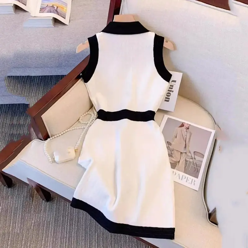 Ladies Lapel Sleeveless Knitted Dress Female 2025 Summer New Temperament Over Knee Tight and Slim A-bag Hip Skirt Women