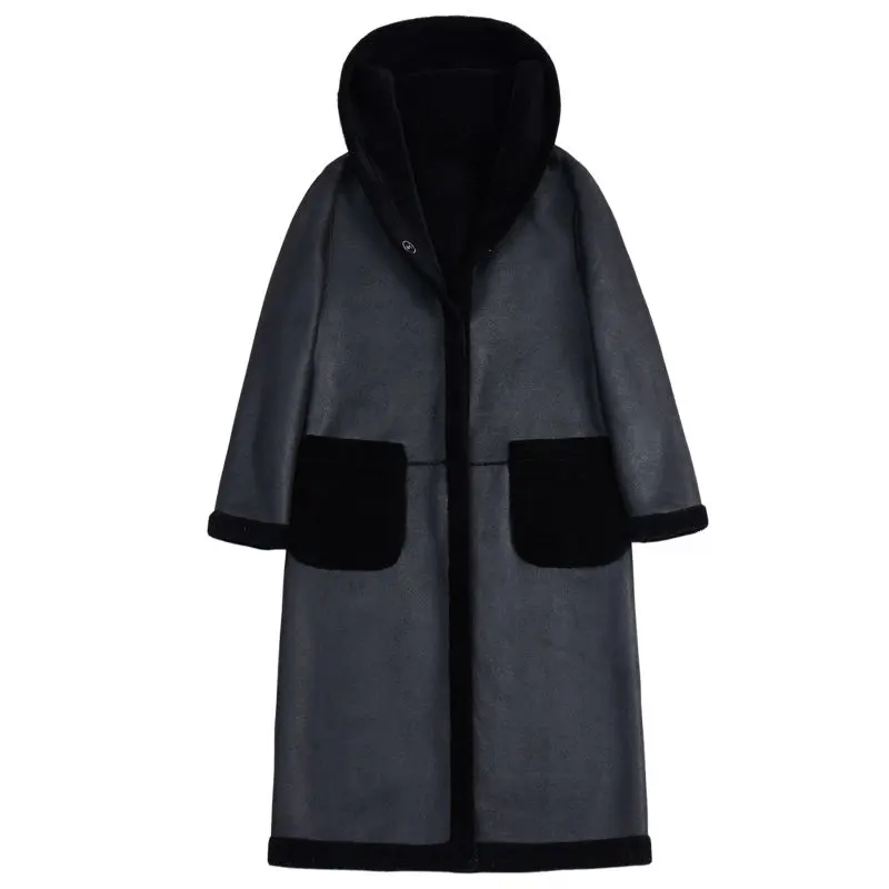 2025 New Fashion Pu Leather Jacket Women Winter Sheep Shear Leather Fur Together Hooded Coat Wear Both Sides Sheepskin Coats
