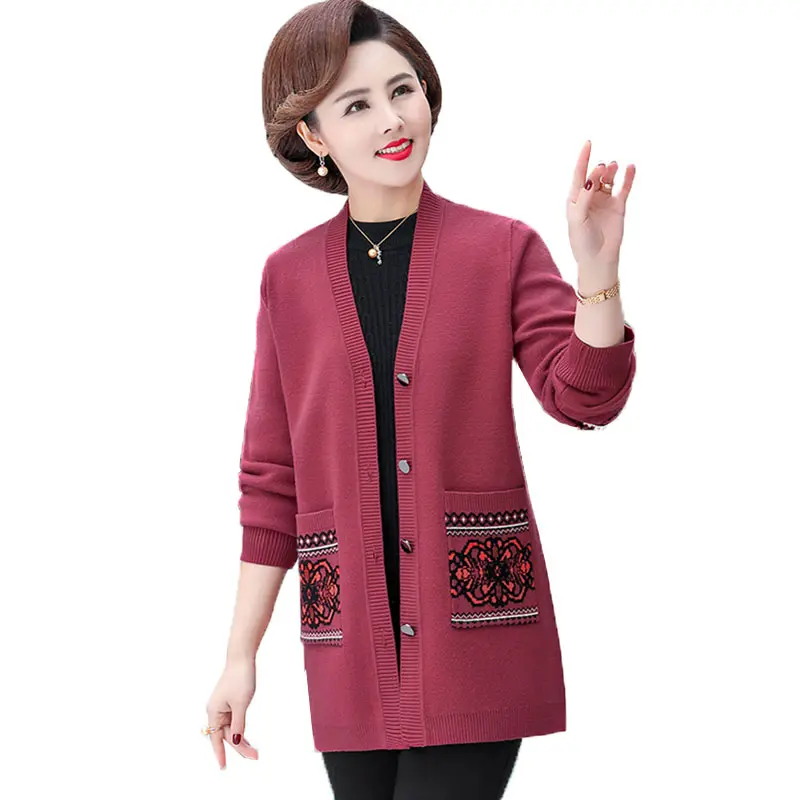 Autumn Women Coat Noble Fashion Middle-aged Jacket New KnitCardigan Female Mid-length Loose mother Clothing Knit Sweater R620