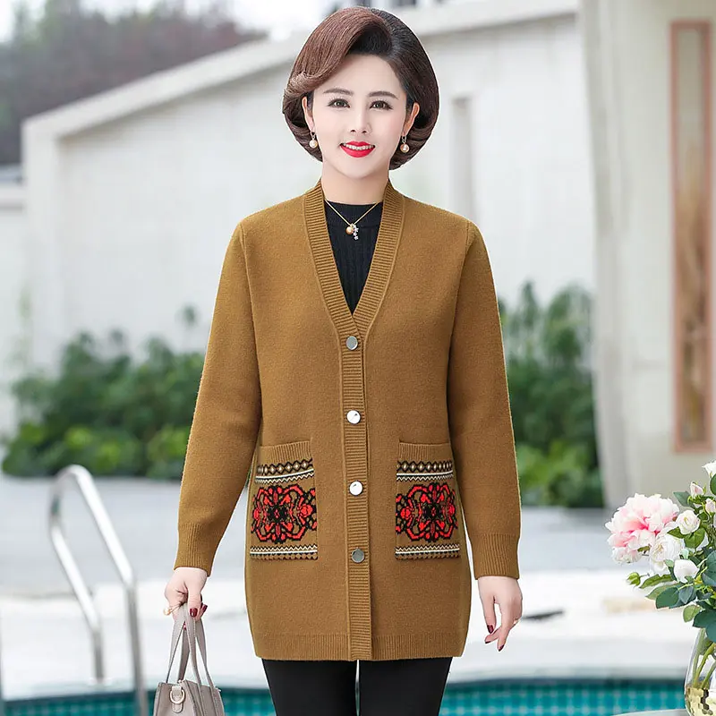 Autumn Women Coat Noble Fashion Middle-aged Jacket New KnitCardigan Female Mid-length Loose mother Clothing Knit Sweater R620