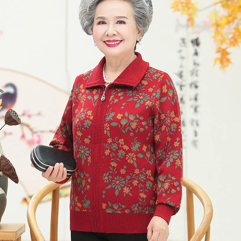 2025 New Middle-aged elderly Women Knit Cardigan Sweater Female Mother Autumn Winter Thick Zipper Knit Wool Cardigan Jacket