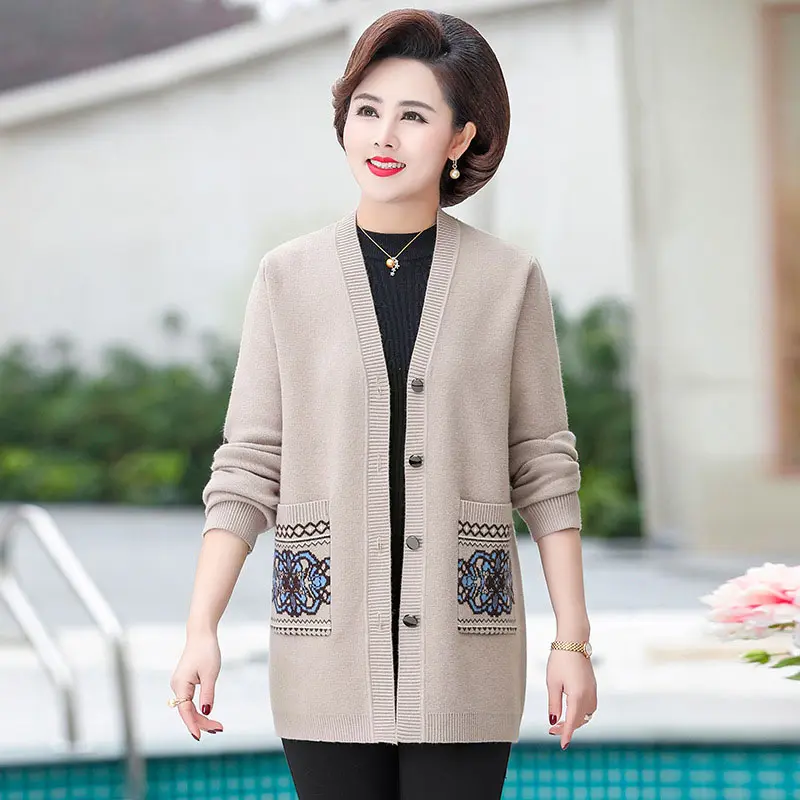 Autumn Women Coat Noble Fashion Middle-aged Jacket New KnitCardigan Female Mid-length Loose mother Clothing Knit Sweater R620