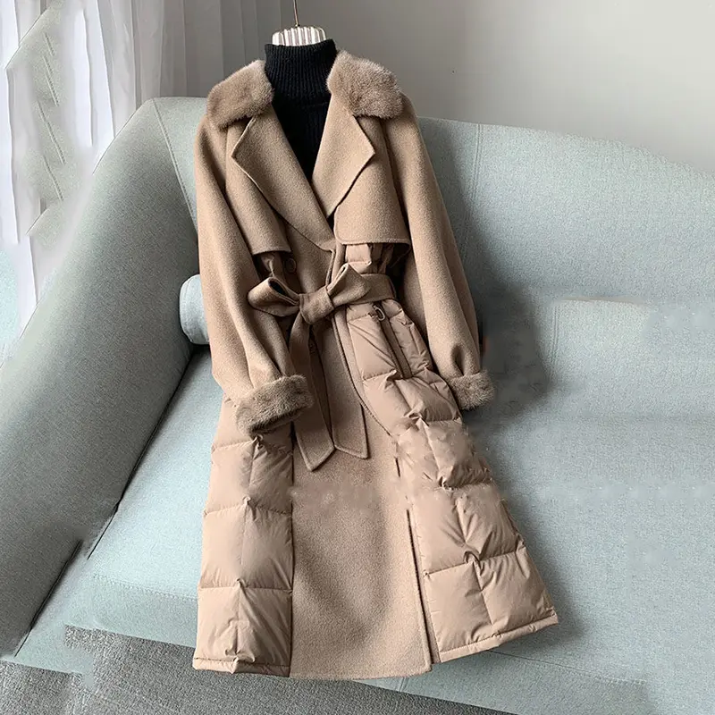 2025 New Winter Jacket Women's Stitching Woolen Coats Female Casual Mid Long Thicken Warm Woolen Overcoat Ladies Outerwear Tops