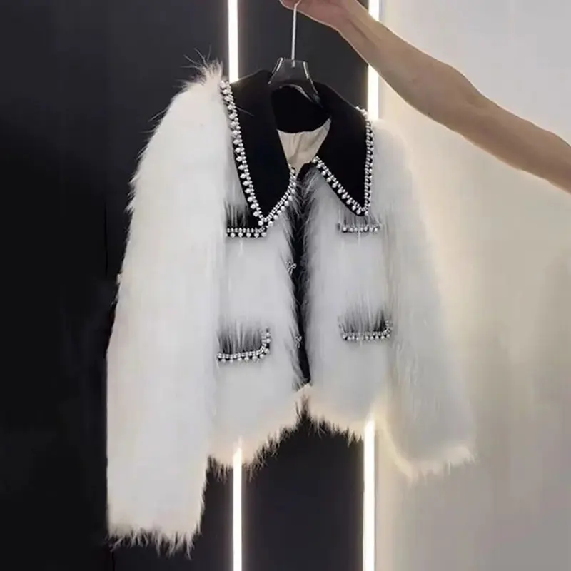 High end Heavy Industry Nail Bead Imitation Fox Fur Grass Jacket Women Autumn Winter 2025New Unique Warm Casual Coat Female Top